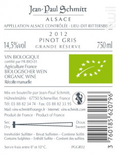 Pinot Gris Rittersberg Grande Réserve - Domaine Jean-Paul Schmitt - 2012 - Blanc