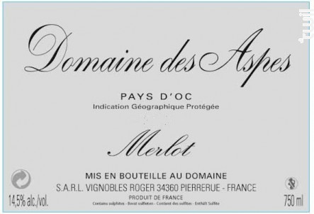 Merlot – Domaine des Aspes - Château du Prieuré des Mourgues - 2018 - Rouge