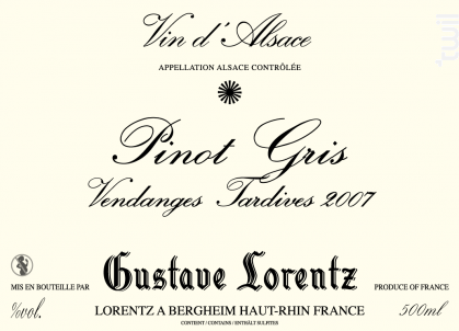PINOT GRIS VENDANGES TARDIVES - 50cl - Gustave Lorentz - 2010 - Blanc