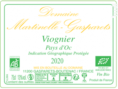 IGP 100% Viognier BIO - Domaine Martinolle-Gasparets - 2020 - Blanc