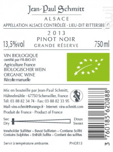 Pinot Noir Rittersberg Grande Réserve 2013 - Domaine Jean-Paul Schmitt - 1999 - Rouge