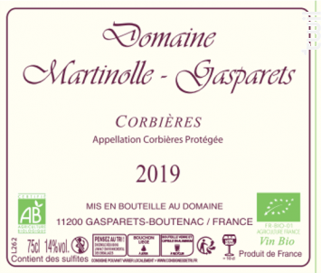 Corbières Artisanal BIO - Domaine Martinolle-Gasparets - 2019 - Rouge