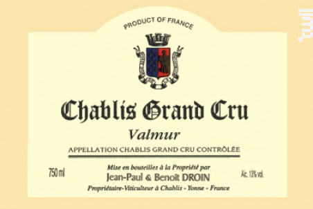 Jean Paul & Benoit Droin Chablis Grand Crus Valmur - Domaine Jean-Paul et Benoit Droin - 2016 - Blanc